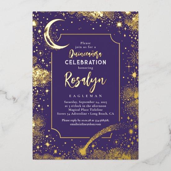 Celestial Gold Stars and Moon Night Quinceanera  Foil