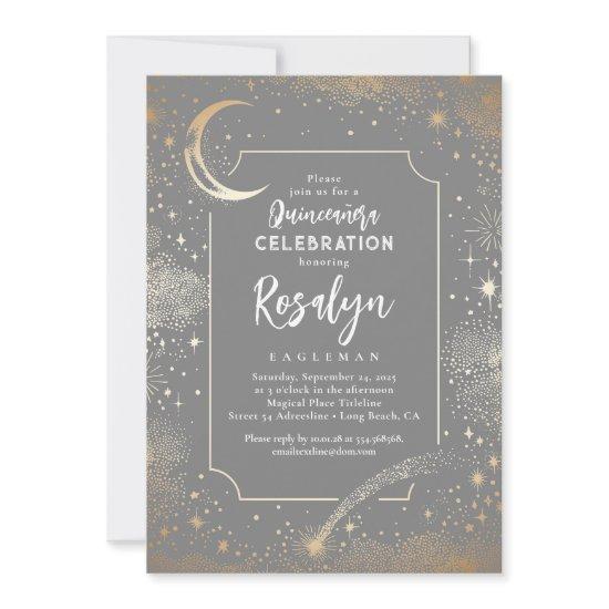 Celestial Gold Stars and Moon Night Quinceanera