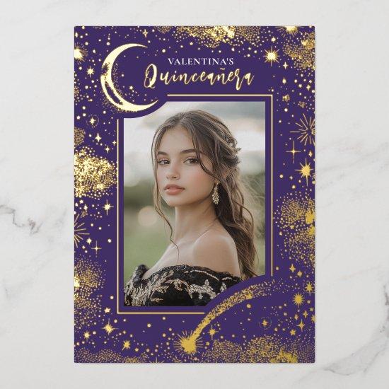 Celestial Gold Stars Moon Night Quinceanera Photo Foil