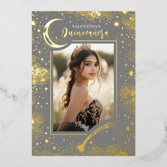 Celestial Gold Stars Moon Night Quinceanera Photo Foil