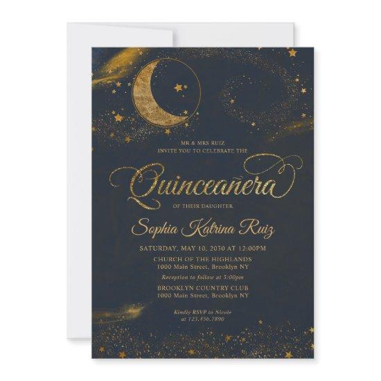 Celestial Midnight Blue Gold Star Moon Quinceanera