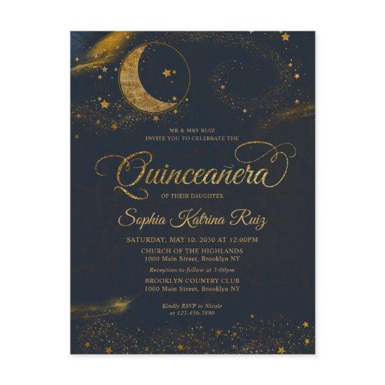 Celestial Midnight Blue Gold Star Moon Quinceanera Postcard