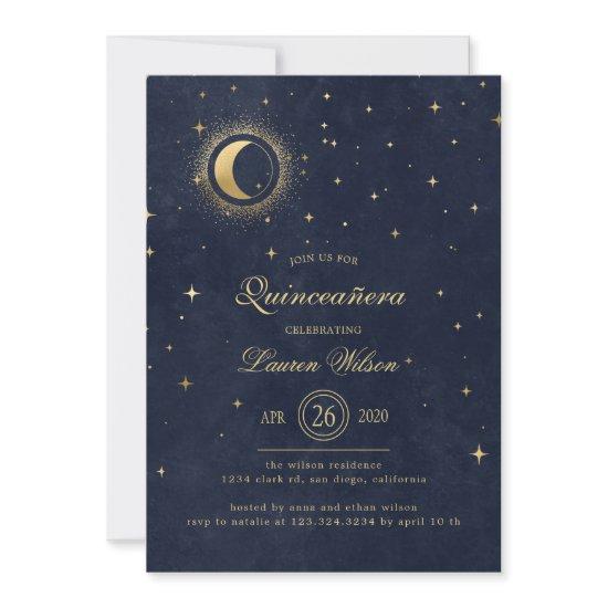 Celestial Midnight Blue Gold Stars Quinceanera