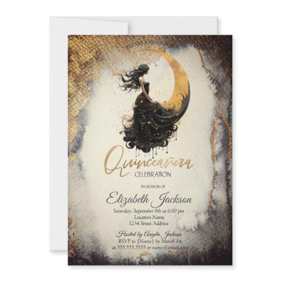 Celestial Moon Girl Watercolor Gold Quinceanera