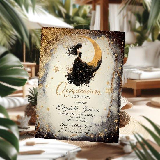 Celestial Moon Girl Watercolor Stars Quinceanera