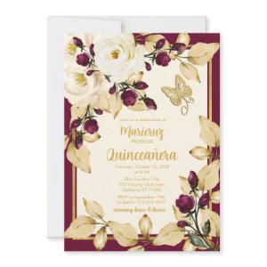 Champagne and Burgundy Roses Gold Leaves Butterfly