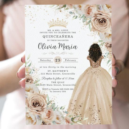 Champagne Beige Cream Floral Princess Quinceañera
