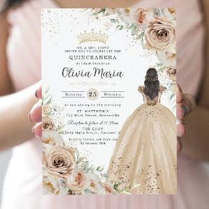 Champagne Beige Cream Floral Princess Quinceañera