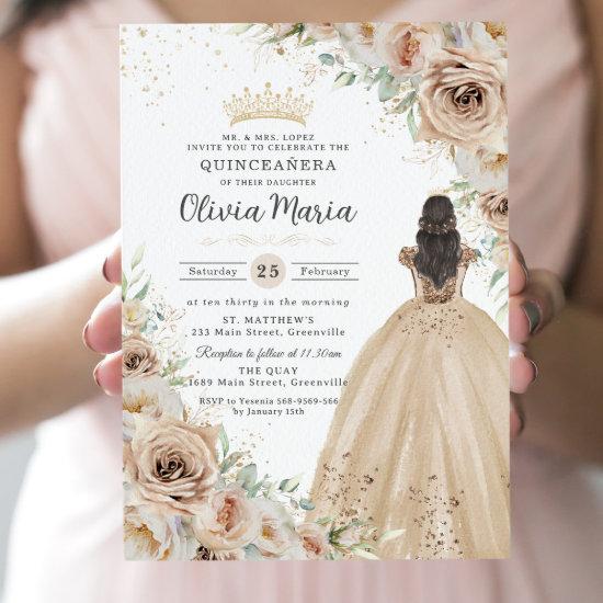 Champagne Beige Cream Floral Princess Quinceañera