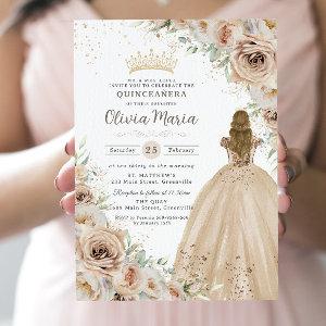 Champagne Beige Cream Floral Princess Quinceanera