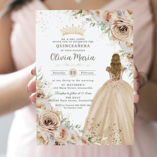 Champagne Beige Cream Floral Princess Quinceanera