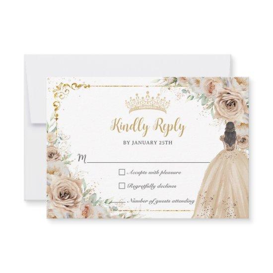 Champagne Beige Cream Floral Princess Quinceañera RSVP Card