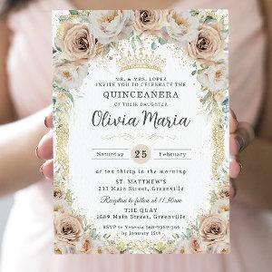Champagne Beige Cream Floral Vintage Quinceañera