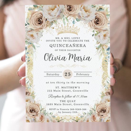 Champagne Beige Cream Floral Vintage Quinceañera