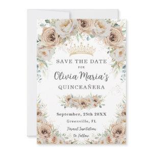 Champagne Beige Cream Gold Floral Quinceañera Save The Date