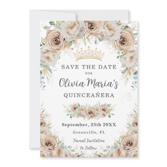 Champagne Beige Cream Gold Floral Quinceañera Save The Date