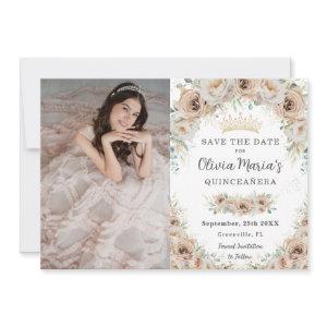 Champagne Beige Cream Gold Floral Quinceañera Save The Date