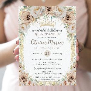 Champagne Cream Beige Floral Vintage Quinceanera