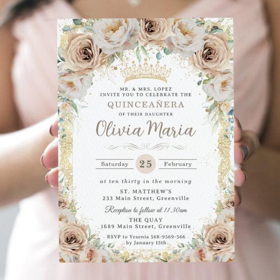 Champagne Cream Beige Floral Vintage Quinceanera