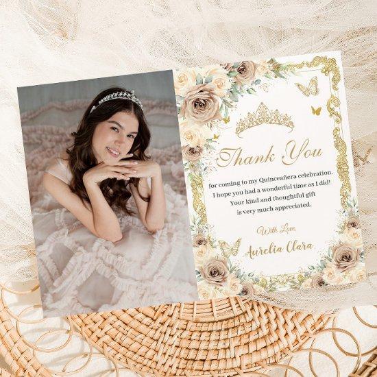 Champagne Cream Floral Sweet Sixteen Quinceañera Thank You Card