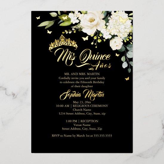 Champagne Floral Black Gold Mis Quince Quinceanera Foil