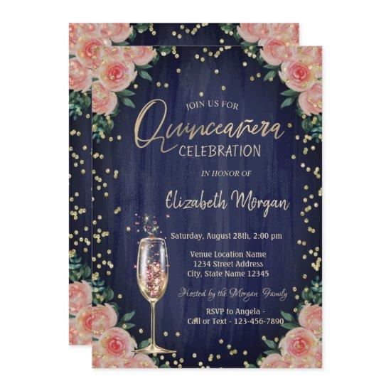 Champagne Glass Diamonds Flowers Quinceañera