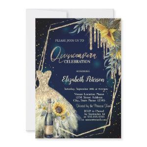 Champagne Glass,Dress,Sunflowers Navy Blue