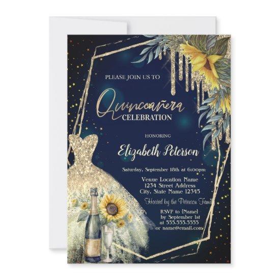 Champagne Glass,Dress,Sunflowers Navy Blue