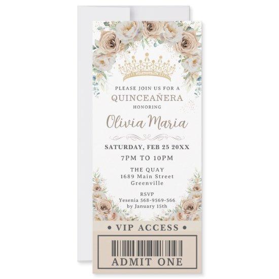 Champagne Gold Beige Floral Quinceañera VIP Ticket