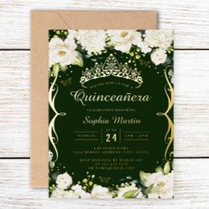 Champagne Gold Emerald Floral Scroll Quinceanera  Foil
