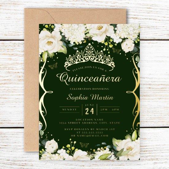 Champagne Gold Emerald Floral Scroll Quinceanera  Foil