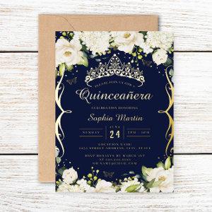 Champagne Gold Navy Floral Scroll Quinceanera  Foil