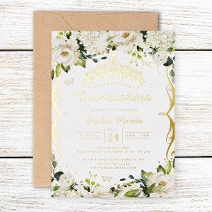 Champagne Gold White Floral Scroll Quinceanera  Foil