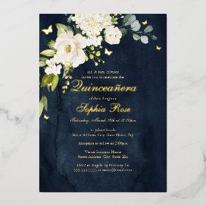 Champagne Navy Floral Golden Butterfly Quinceanera Foil