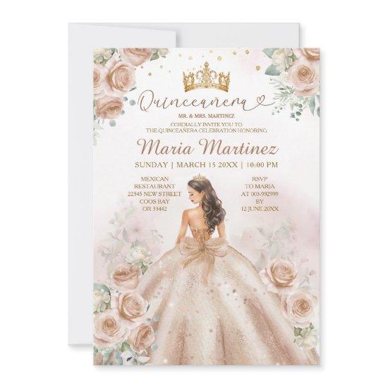 Champagne Princess Floral Gold Glitter Quinceañera