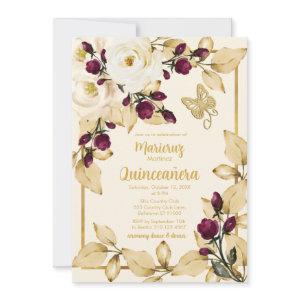 Champagne Rose Burgundy Buds Gold Leaves Butterfly