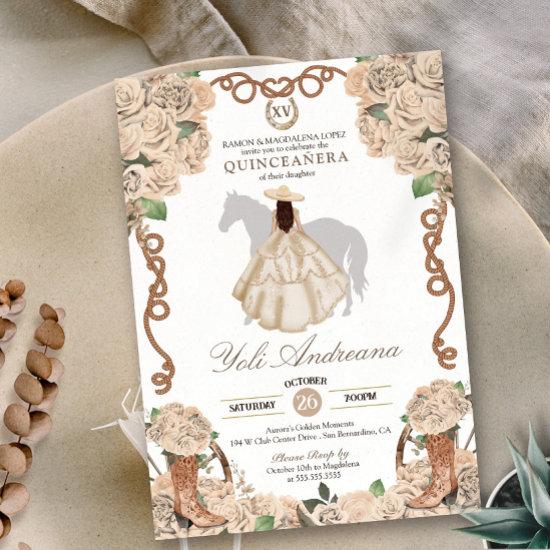Champagne Rose Cream Floral Charro Quinceanera