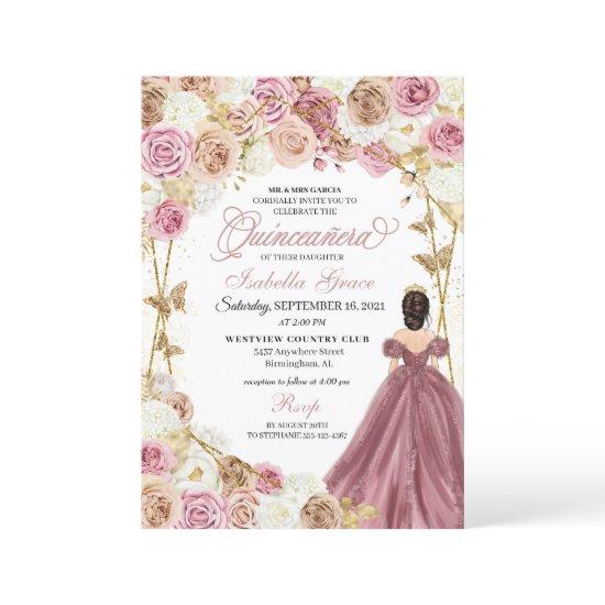 Champagne Rose Gold Butterfly Princess Quinceanera