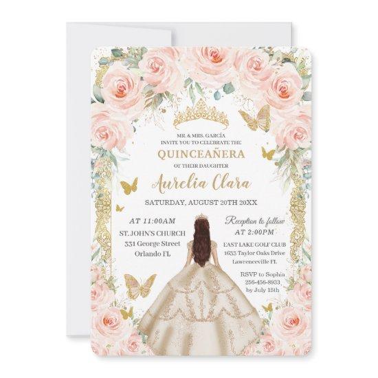 Champagne Vintage Gold Blush Floral Quinceañera