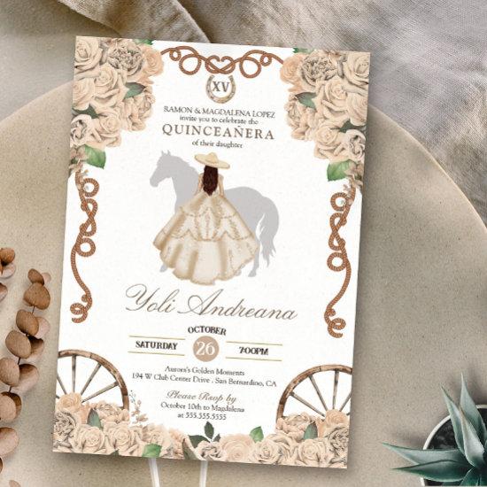 Champagne White Rose Cream Charro Quinceanera