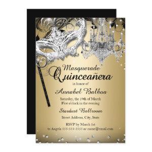 Chandelier Masquerade Gold Quinceanera Invite