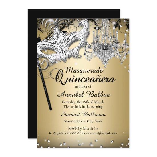 Chandelier Masquerade Gold Quinceanera Invite