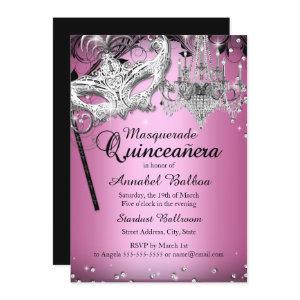Chandelier Masquerade Pink Quinceanera Invite