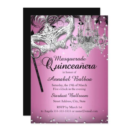 Chandelier Masquerade Pink Quinceanera Invite