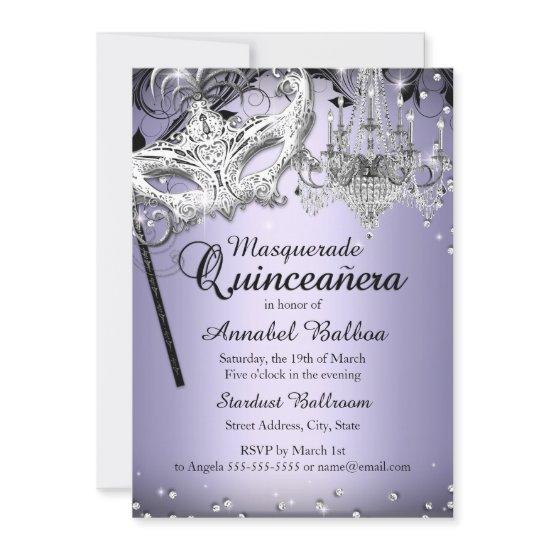 Chandelier Masquerade Purple Quinceanera Invite
