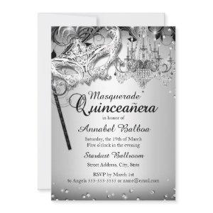 Chandelier Masquerade Silver Quinceanera Invite