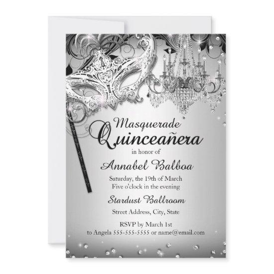 Chandelier Masquerade Silver Quinceanera Invite