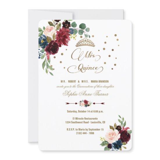 Charm Burgundy Floral Gold Mis Quince Quinceañera