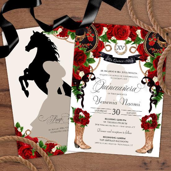 Charra Quinceanos Western Red Roses Black Mariachi
