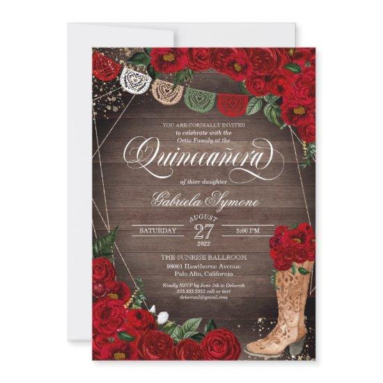Charra Rustic Cowgirl Boots Red Roses Quinceañera